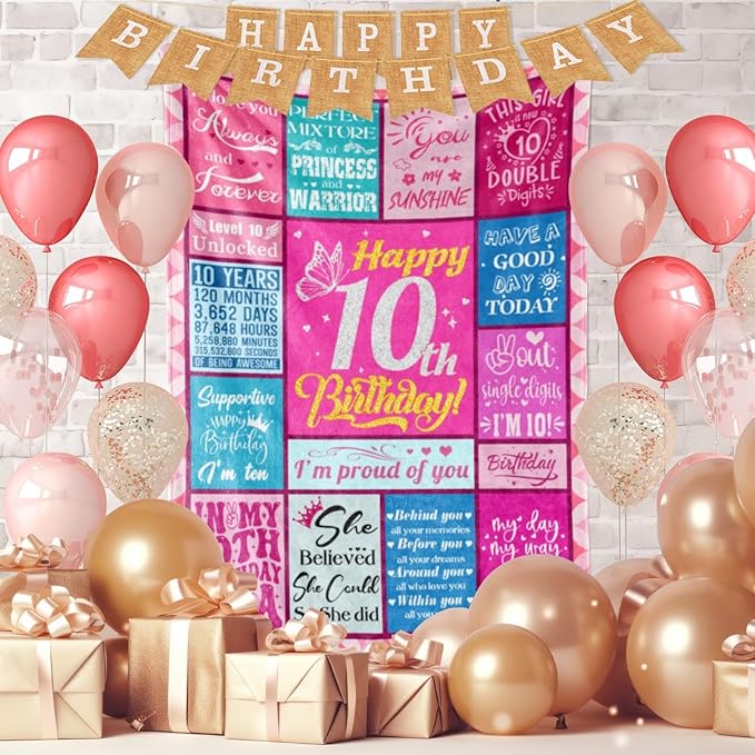 10th Birthday Checkered Flannel Girl's Double Digits Birthday Blanket, 50"x60", Modern Style, Heavy Weight, Perfect for Lounging, Napping, Watching TV, Indoor/Outdoor Use - Bloomnest