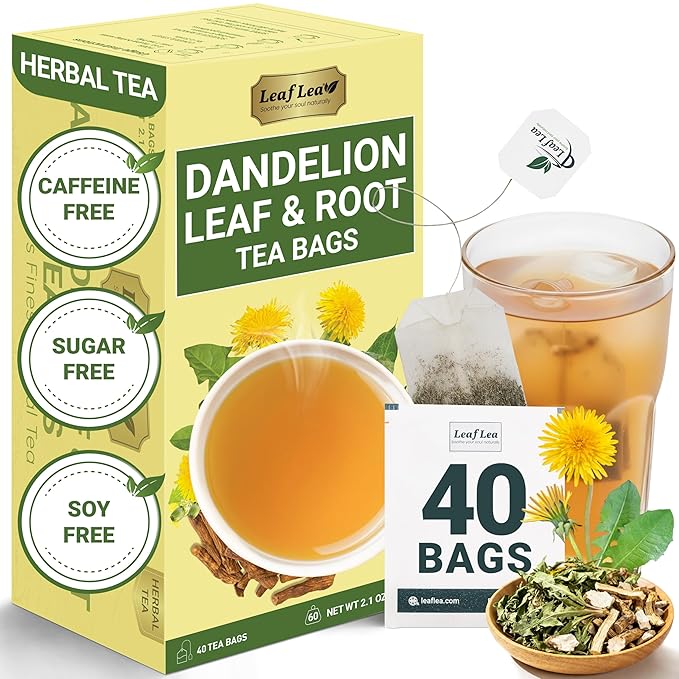 LeafLea Dandelion Root and Leaf Tea Bags, 40 Count, Roasted Dandelion Root Tea Blend, Natural Herbal Tea for Digestion & Wellness, Te de Diente de Leon, Individually Wrapped, Caffeine-Free, No Sugar - Bloomnest