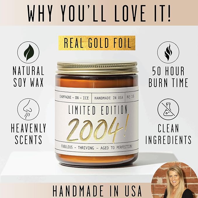 Soy and Sass 21st Birthday Jar Candle - 'Limited Edition 2004' Champagne on Ice Scent, 9oz Reusable Jar, 50Hr Burn, Made in USA - Bloomnest