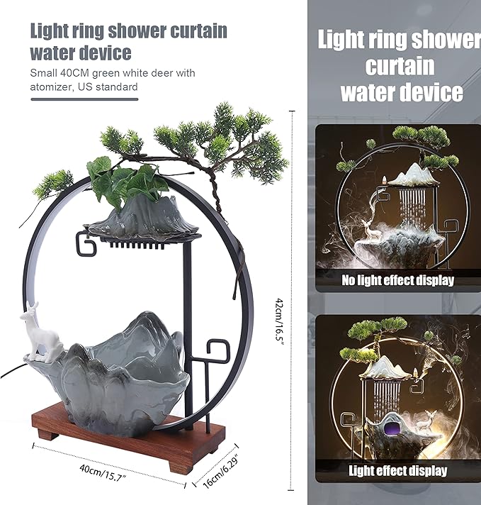17In Water Fountains Indoor Tabletop Water Fall Humidifier with LED Light and Atomizer Mist, Zen Decor Meditation Japanese Decor Fake Plants Feng Shui Decor Festival Birthday Gift for Good Luck Wealth - Bloomnest
