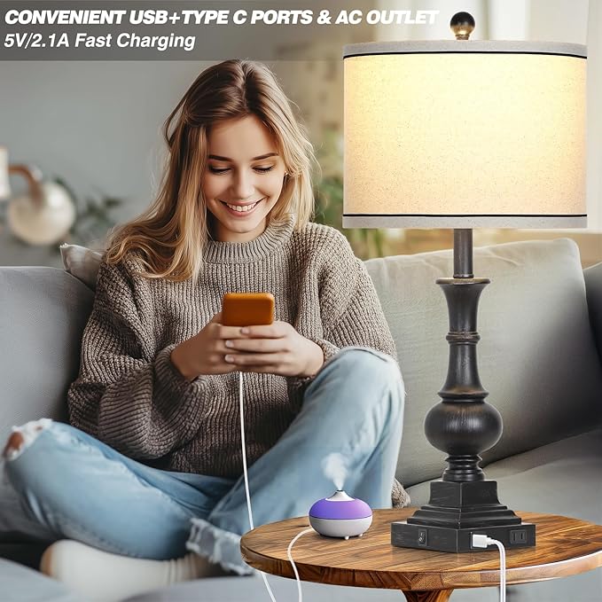 Farmhouse Table Lamps Set of 2, Vintage Bedside Lamps with USB A+C Charging Ports & AC Outlet, 26" Rustic Nightstand Lamp for Living Room Bedroom End Table Wash Black(2 LED Bulbs Included) - Bloomnest