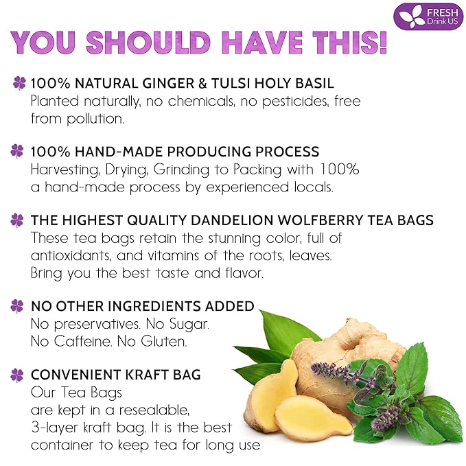 FreshDrinkUS, Premium 35 Ginger Tulsi Tea Bags, 100% Natural, Hand-made Blend of Ginger and Tulsi Holy Basil Leaves, Eco-conscious Tea Bags. Ginger Tulsi Herbal Tea. No Sugar, No Caffeine, Vegan. - Bloomnest