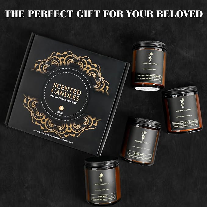Scented Candles for Men - 4 Pack Candles for Home Scented, 28oz Soy Wax, 300 Hour Burn Time, Men Candle Set, Oak Moss/Magnolia & Sandalwood/Warm Amber/Lemongrass & Eucalyptus - Bloomnest