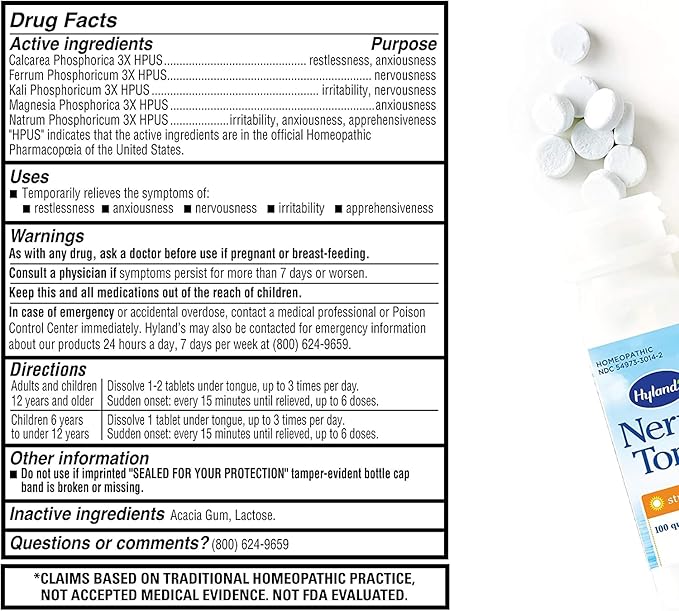 Hyland's Nerve Tonic Stress Relief Tablets, Natural Relief of Restlessness, Nervousness and Irritability Symptoms, Non-Habit Forming, Quick Dissolving Tablets, 50 Count Hylands