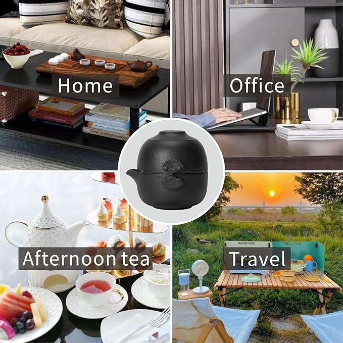 HEER Chinese Travel Gaiwan Tea Set for One, Ceramic Small Kungfu Teapot with Teacup for Adults, Black Japanese Style Tea Accessories Birthday Gift for Tea Lovers. - Bloomnest