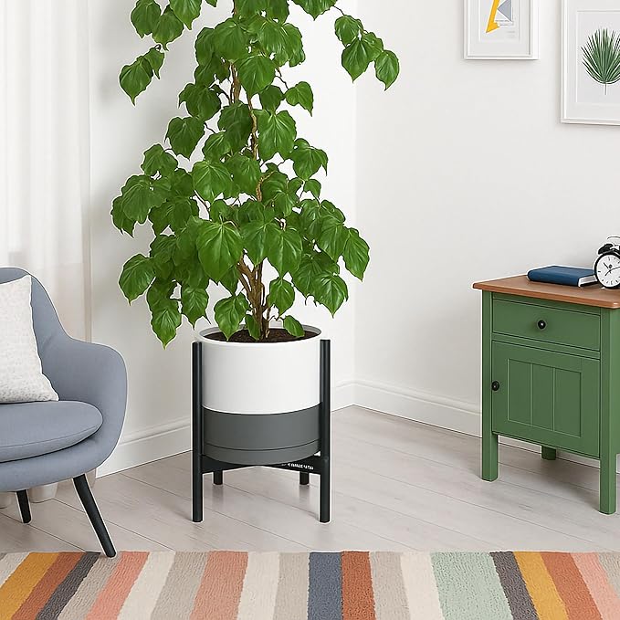D'vine Dev Ceramic Planter with Ebony Stand - 12 Inch Modern Round Flower Pot with Wood Planter Holder, White/Grey, 55-B-H-6 - Bloomnest