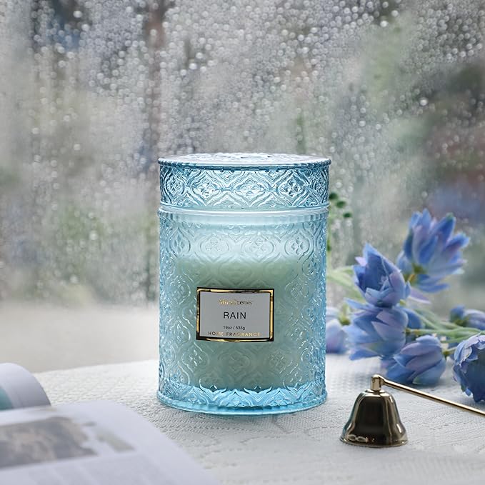 Rain Summer Scented Candles, 19oz Aromatherapy Candles Gifts for Women, Blue Luxury Large Decorative Candles in Glass, Natural Soy Wax for Home - Bloomnest