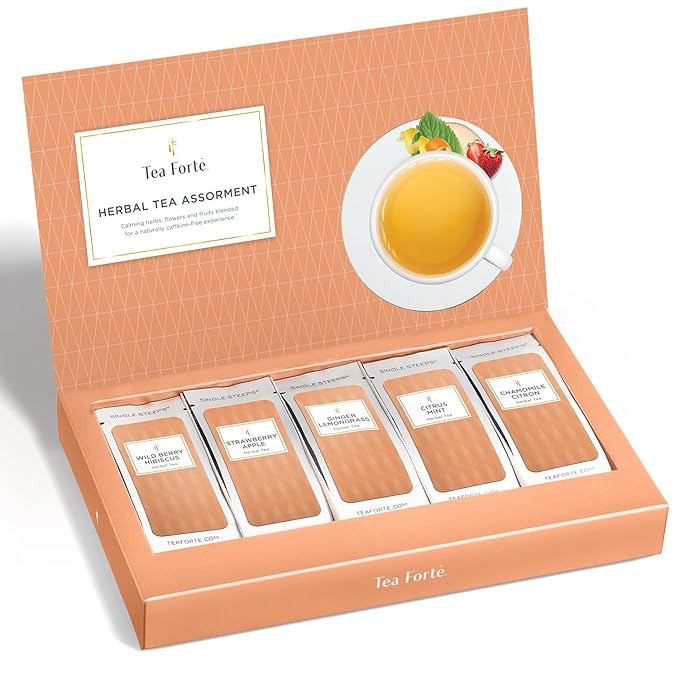 Tea Forte Herbal Tea Assortment Single Steeps Loose Leaf Premium Tea Gift Set Sampler, 15 Count 3 of Each Assorted Blends, Pre-Portioned Single Serve Pouches, Steeps 12 oz - Bloomnest