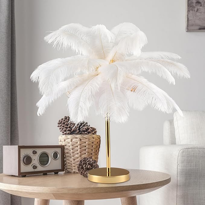 MAYOLA Modern Ostrich Feather Table Lamp with Plug in Wire,3-Light Bedside Floor Lamp for Living Room, Bedroom and Office 24” Tall Feather Desk Lamp (White, Table Lamp-Metal) - Bloomnest