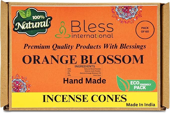 Bless International Orange-Blossom 100%-Natural-Incense-Cones Handmade-Hand-Dipped Organic-Chemicals-Free for-Purification-Relaxation-Positivity-Yoga-Meditation The-Best-scents (60 Count)