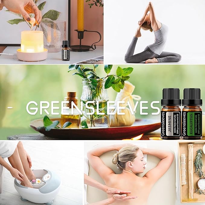 GREENSLEEVES Jasmine Eucalyptus Essential Oil Set, 2 x 10ml Pure Plant-Based Fragrance Oil for Aromatherapy, Essential Oils for Diffuser, Massage, Bath Bomb, Scented Candle Soap Making GREENSLEEVES