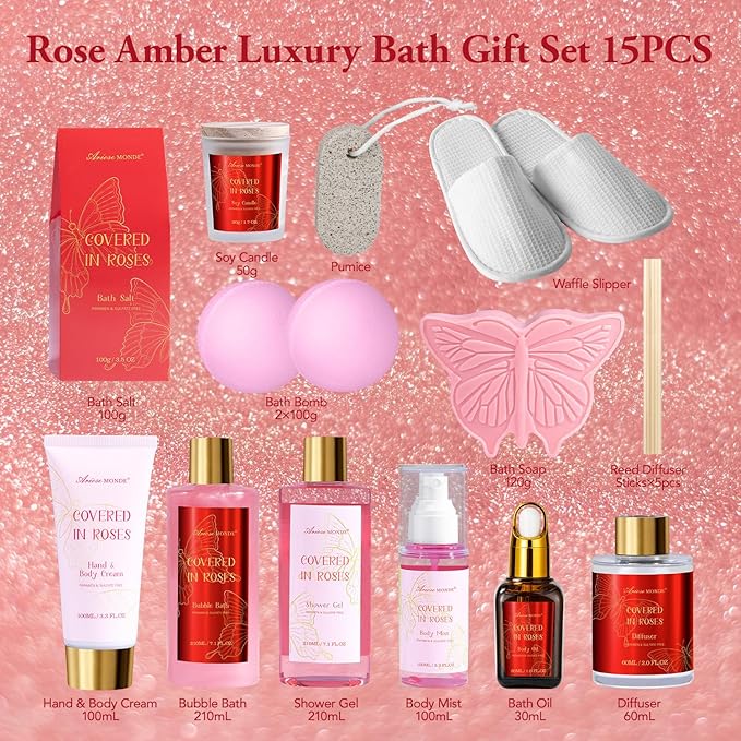 Gifts for Women,15Pcs Rose Amber Bath Relaxing Spa Gift Basket for Her, Mom, Sister, Female Friends, Daughter,Unique Bath Gift Set Idea for Women Who Have Everything, Mothers Day Gifts for Mom - Bloomnest