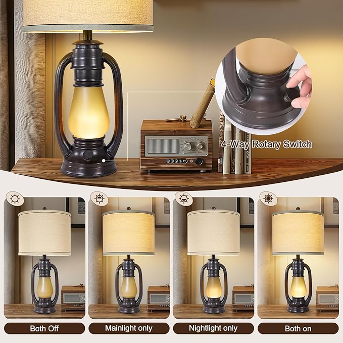 26'' Vintage Lantern Table Lamps Set of 2, Retro Bedside Nightstand Lamp with Nightlight and Linen Shade, Rustic Desk Lamp with USB A+C Ports, Farmhouse Table Lamps for Living Room Bedroom Study room - Bloomnest