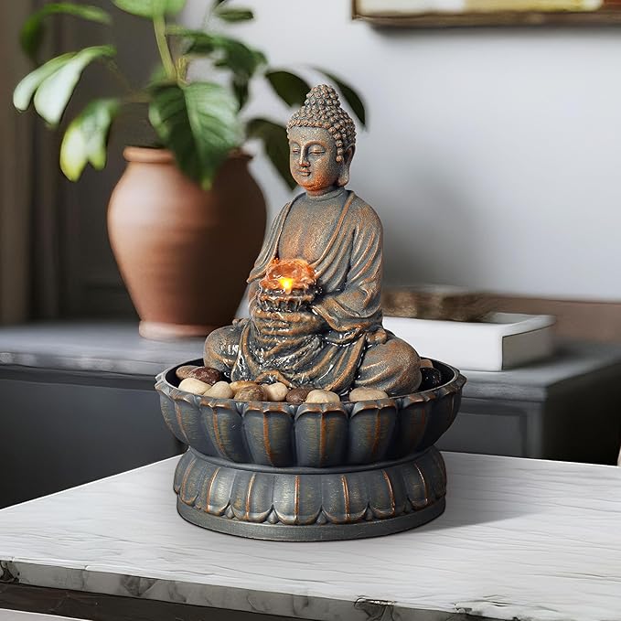 Kalona Home Décor 9.6" Tabletop Fountain Exquisite Smile Sitting Buddha Fountains Desk Water Fountain Decorative Zen Fountain w/Reflective Lighting/Cobblestone Office and Home Decor(21125A) - Bloomnest