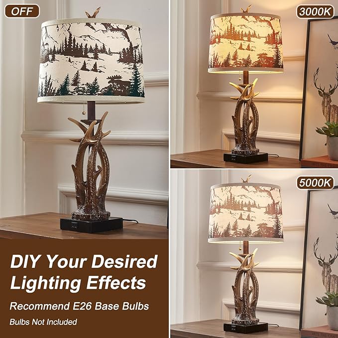 Rustic Farmhouse Antler Table Lamp Set of 2 with USB A+C Ports & AC Outlet Linen Fabric Deer Print Round Shade 27" Bedside Lamp for Living Room Bedroom Cabin Lodge Décor, Pull Chain Deer Antler Lamp - Bloomnest