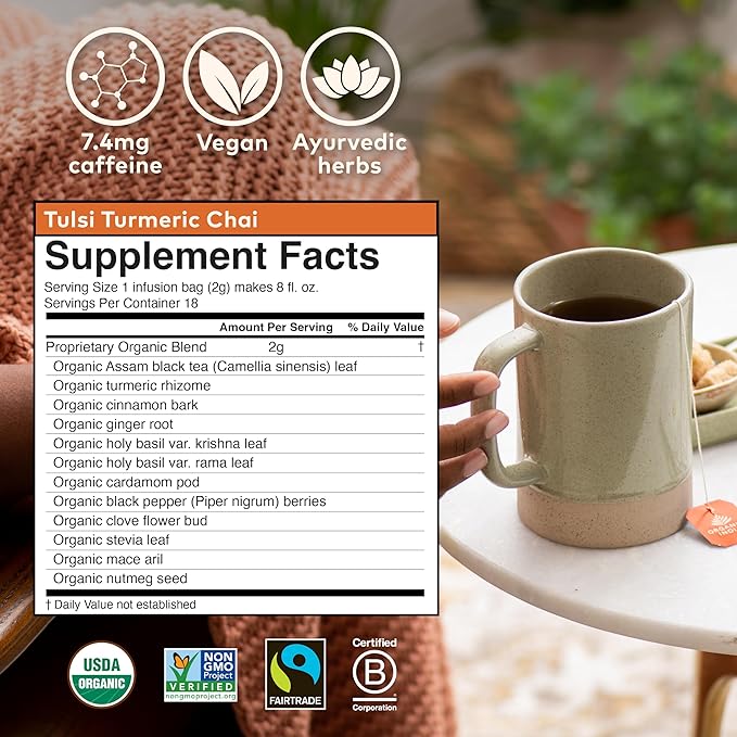 Organic India Tulsi Turmeric Chai Tea - Herbal Tea Bags with Caffeine, Ginger Root, Cinnamon, Holy Basil, Stress Relieving and Energizing, Immune Support, Helps Digestion - 18 Count, Pack of 6 - Bloomnest