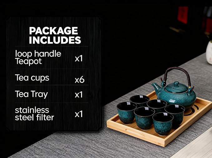 KEYDUACU Japanese Tea Set, Ceramic Tea Set, Plum Blossom Embossed, Teapot, 6 Teacups, Tea Tray, Strainer, Home, Outdoor, Gift, Chinese Kung Fu Tea Set (Pine Green) - Bloomnest