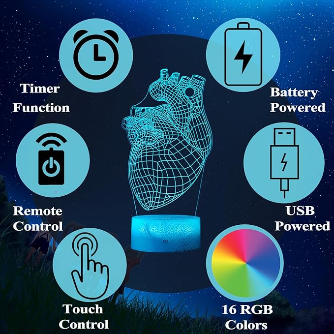 Heart Anatomy Illusion Lamp, Cardiology Gifts, 3D Night Light, 16 Colors Changing, Timer, 4 Flash Modes and Dimmable, Kids Room Decoration, Xmas Heart Model Gifts - Bloomnest