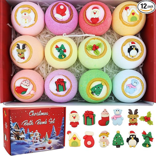 Christmas Bath Bombs for Kids with Surprise Toys Inside - Kids Advent Calendar Bathbombs -12 Pack Safe Fizzy Balls Made with Extracted Essential Oils Bubble Bath Bombs Kids Christmas Gifts - Bloomnest