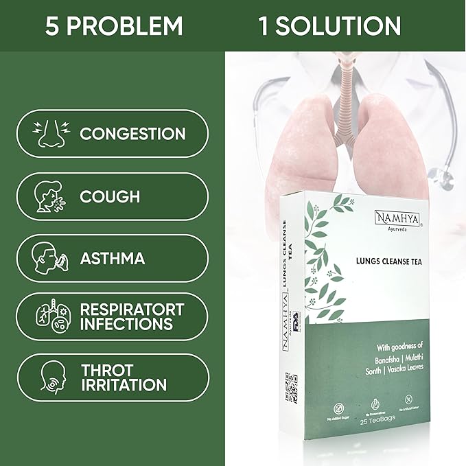 Namhya Ayurveda Lungs Cleanse Tea for Better Respiratory Health, Clear Breathing, Cough & Congestion - Herbal Lung Detox Tea with Tulsi, Dry Ginger & Mulethi for Smokers – 25 teabags - Bloomnest