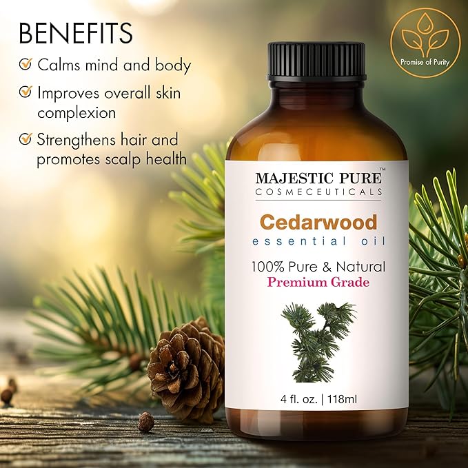 Majestic Pure Cedarwood Essential Oil with Glass Dropper - Huge 4 Fl Oz - 100% Pure and Natural Cedarwood Oil - Premium Grade Essential Oils for Diffuser, Aromatherapy, Soap and Candle Making - Bloomnest
