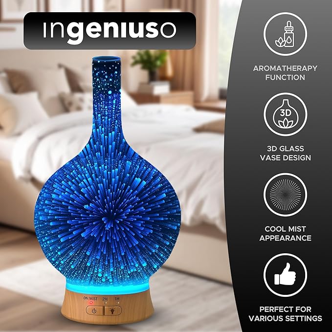 Aromatherapy Essential Oil Diffuser for Therapeutic Oils | 3D Glass Vase Cover with Colorful LED Light Display | Cool Mist Aroma Therapy Diffusers | Versatile Nightlight, Humidifier with Auto Shut-off Bloomnest