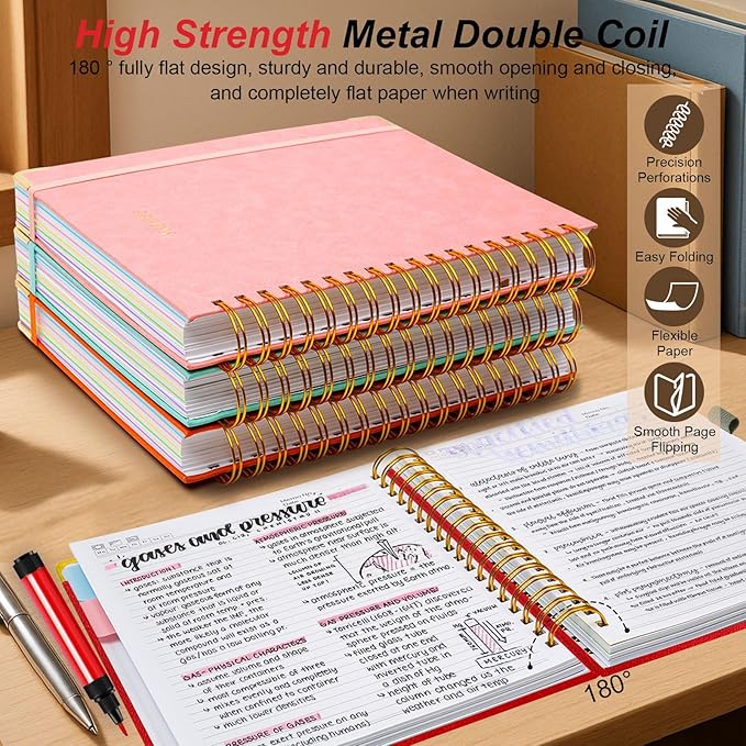 Hardcover Spiral Notebook 8.5"x11" Journal Notebook with Tabs and Removable Dividers 300 Pages 5 Subject Notebook College Ruled, Faux Leather Spiral Bound Notebook for Women School Work(Red) - Bloomnest