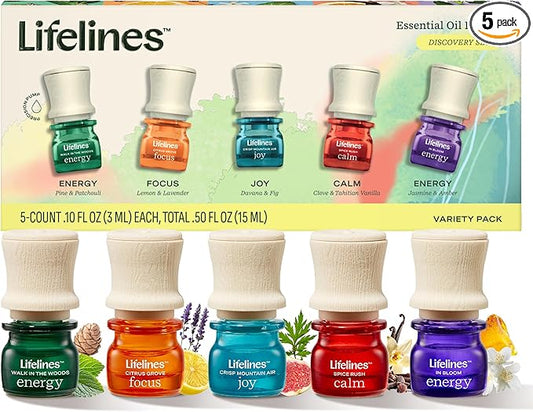 Lifelines Essential Oil Blends, 5-Pack Discovery Set - Blended Essential Oils with Precision Pump for Aromatherapy Diffusers - Long-Lasting Scented Fragrance - Joy, Calm, Focus & Energy Blends - Bloomnest