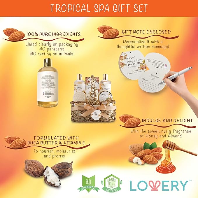 Womens Gifts, Gift Baskets for Women Who Have Everything, Home Spa Honey & Almond Scent, Luxury Bath & Body Set - Shower Gel, Bubble Bath, Body Lotion, Salts, Bath Bomb, Bath Puff & Handmade Basket - Bloomnest
