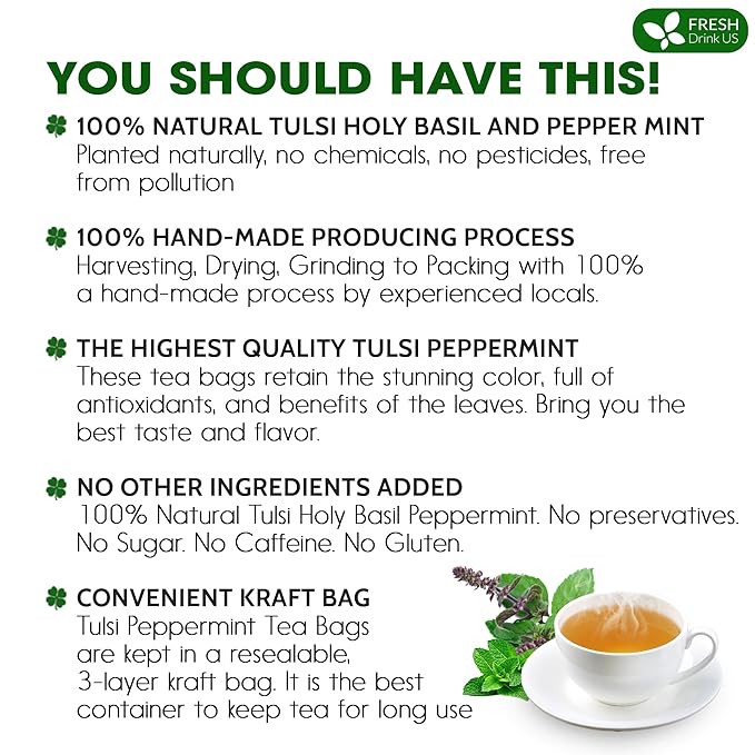 FreshDrinkUS, Premium Tulsi Peppermint Herbal Tea – 135 Tea Bags, 100% Natural, Blend of Tulsi Holy Basil Leaves, and Peppermint Leaves. Made with Natural Material Tea Bags. No Sugar, Vegan. - Bloomnest