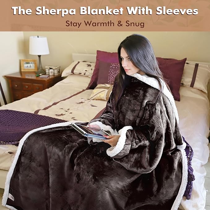 Tirrinia Sherpa Wearable Blanket With Sleeves, Full Body Throw Reading Wrap TV Blankets - Bloomnest