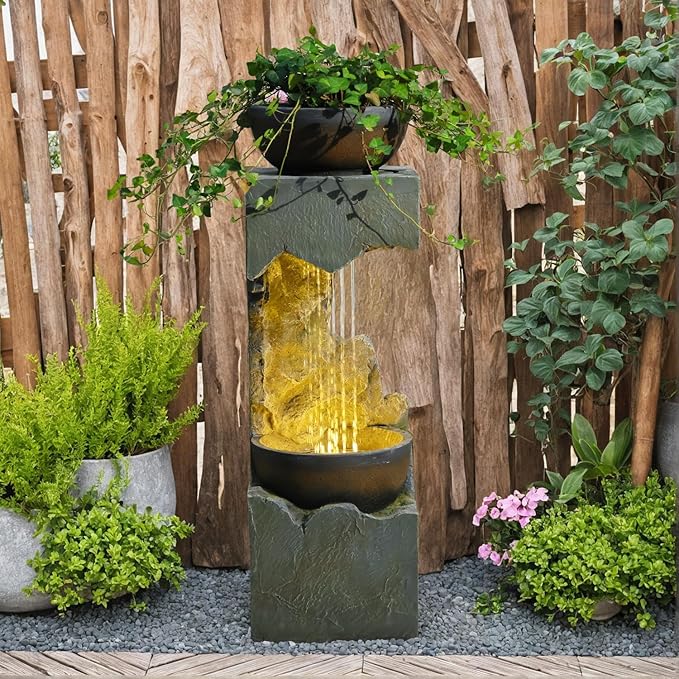 37.4''H 2-Tiered Rainfall Bowl Garden Water Fountain with LED Lights and Pebbles, Modern Crackled Stone Feature Waterfall for Porch, Deck, Yard, Patio, and Home Décor - Bloomnest