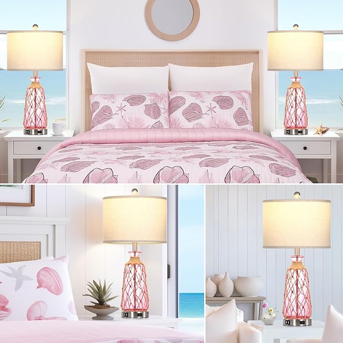 25.5" Coastal Glass Table Lamps Set of 2, 3-Way Dimmable Touch Control Bedside Lamps with 2 USB Ports and AC Outlet, Pink Nautical Nightstand Lamps for Bedroom Living Room (LED Bulbs Included) - Bloomnest
