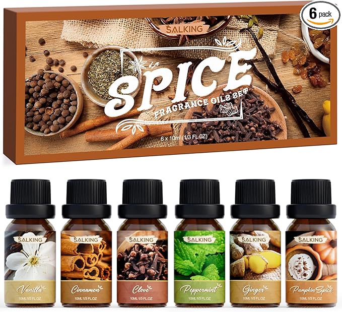 SALKING Spice Essential Oils, Premium Fragrance Oil for Diffuser, Scented Oil Gift Set for Soap Candle Making - Cinnamon, Clove, Vanilla, Pumpkin Spice, Peppermint, Ginger - Bloomnest