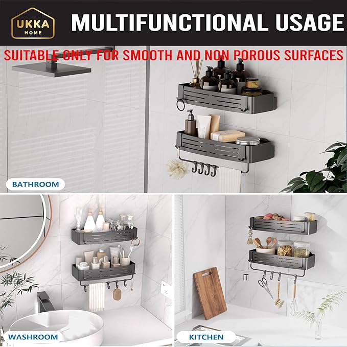 Suction Cup SQUARE Shower Caddy with Hooks and Towel Bar for Bathroom. Aluminum, Reusable, Rustproof, No Drill, No Tools, No Glue. Multifunctional, Hang Towel, Loofah, Sponge (2 Pack, Gray) - Bloomnest