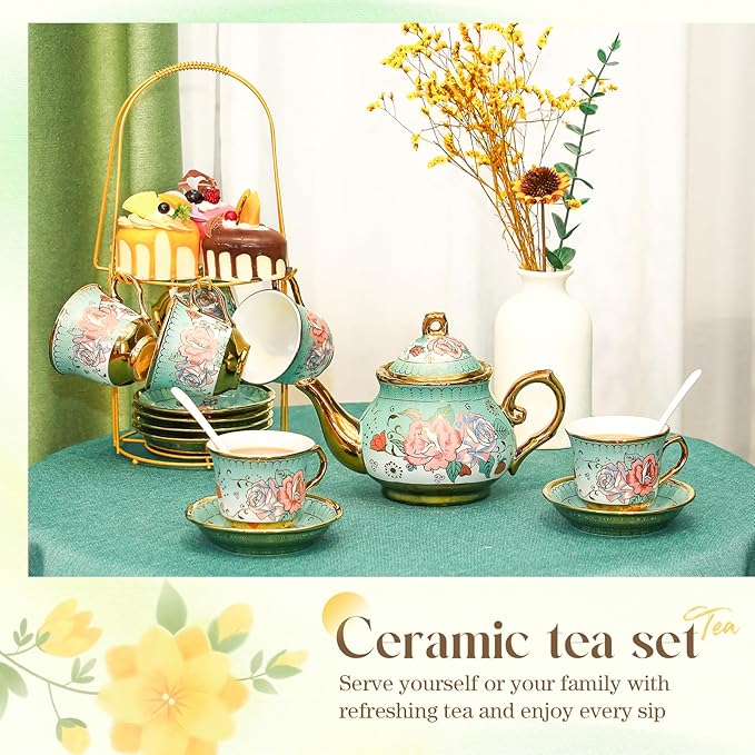 20 Pcs Porcelain Tea Set for Adults with Metal Holder and Spoon European Ceramic Tea Party Set Flower Painting Teapot Cup Saucer for Christmas Women Gifts, Serving 6 People(Modern) - Bloomnest