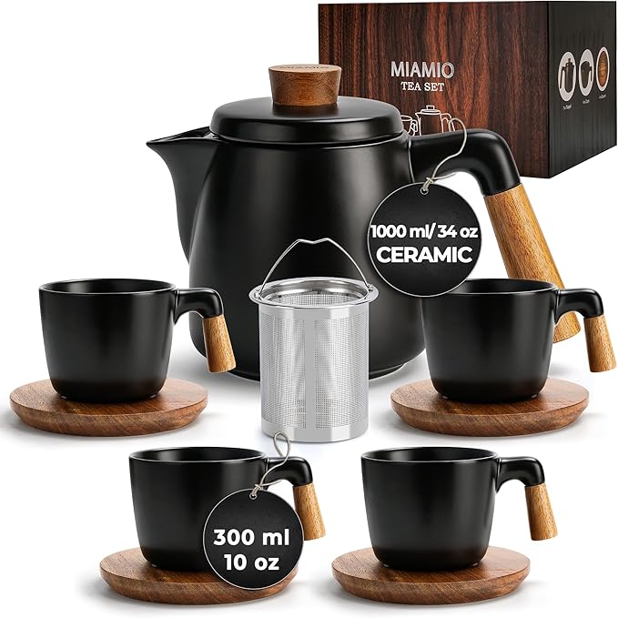 MIAMIO – 34 Oz Ceramic Tea Pot Set with Infuser and Cups/Tea Strainer, 4 Ceramic Tea Mugs (10 Oz), Bamboo Saucers/Handle for Home and Office (Black) - Bloomnest