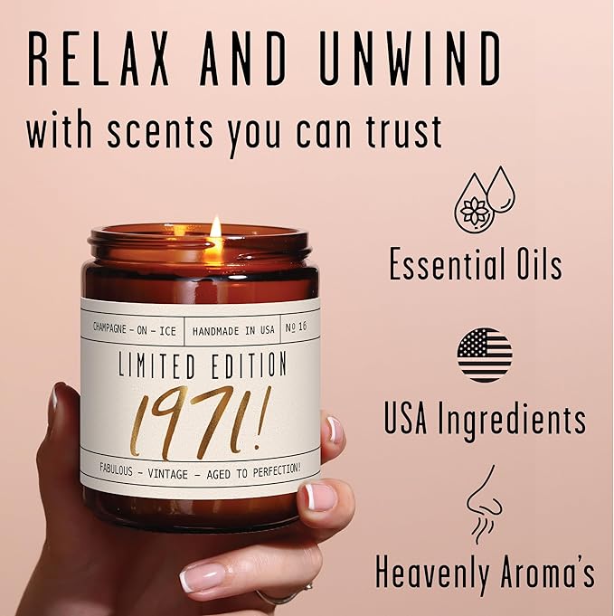 54th Birthday Gifts for Women - 'Limited Edition 1971' Soy Candle, w/Champagne on Ice I 54 Birthday Gifts for Women I 54th Gift for Her Ideas I 9oz Reusable Jar, 50Hr Burn, Made in USA - Bloomnest