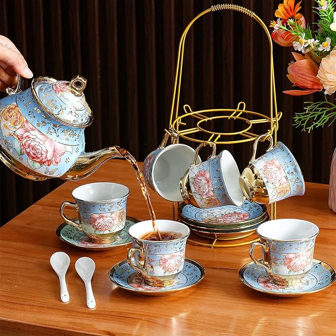Zhehao 20 Pcs Porcelain Tea Set with Metal Holder and Spoon Adult Ceramic Tea Set European Flower Painting Teapot Cup Saucer Spoon for Women, Large Version(Simplicity Style) - Bloomnest