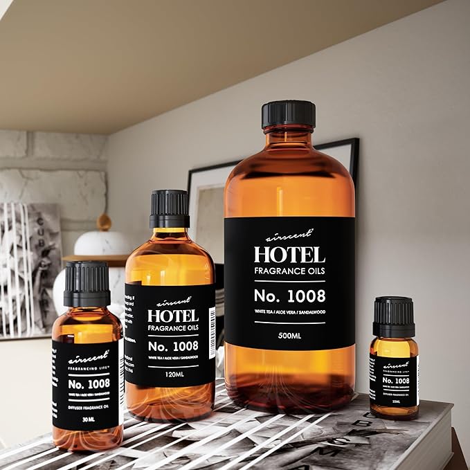 AirScent Hotel Diffuser Oil No. 1008 - White Tea, Aloe Vera & Sandalwood - Hotel Scent Dupe - Premium Fragrance Oil for Ultrasonic and Waterless Diffusers and Crafting - 30 mL, 1 fl oz Bottle Airscent