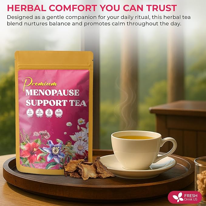 FreshDrinkUS, 40 Tea Bags - Menopause Support Herbal Tea – Soothing Blend with Rhubarb, Hibiscus, Valerian, Passiflora, Ashwagandha, Fennel & Chamomile, Caffeine-Free, Vegan, Non-GMO - Bloomnest