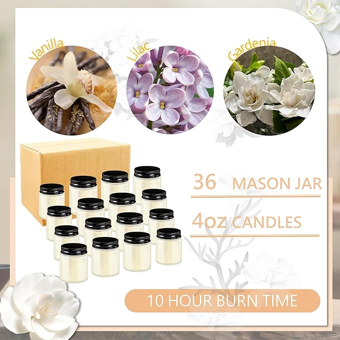 ACITHGL 36 Pcs 4oz Mini Mason Jar Candles Small Scented Candles Bulk Aromatherapy Ideal Souvenir Favors for Wedding Birthday Party (Vanilla, Lilac, Gardenia, Black) - Bloomnest