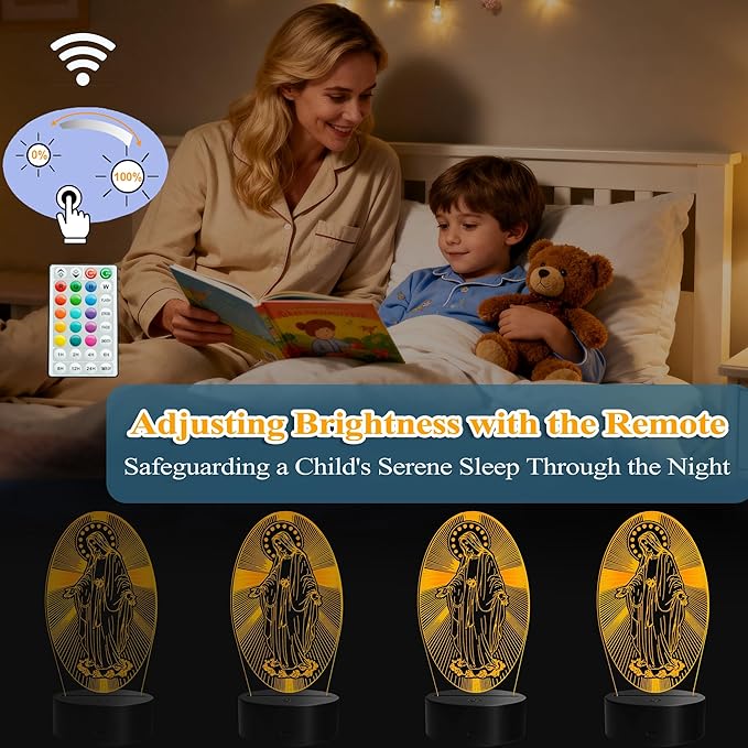 Virgin Mary Night Light, Virgin Mary Gifts, 3D Illusion Lamp with Remote Control, 16 RGB Colors, 4 Flashing Modes, Timer, Dimmable, Kids Catholic Gifts Room Decoration for Holiday Birthday Christmas - Bloomnest
