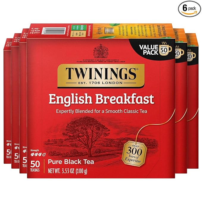 Twinings English Breakfast Black Tea Individually Wrapped Bags, 50 Count (Pack of 6), Flavourful, Robust, Caffeinated, Enjoy Hot or Iced, 300 Teabags - Bloomnest