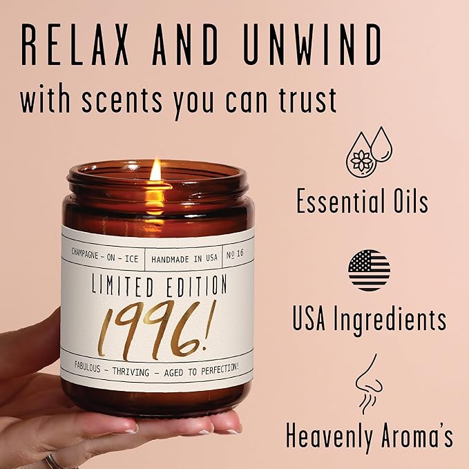 29th Birthday Gifts for Women - 'Limited Edition 1996' Soy Candle, w/Champagne on Ice I 29 Birthday Gifts for Women I 29st Gift for Her Ideas I 9oz Reusable Jar, 50Hr Burn, Made in USA - Bloomnest