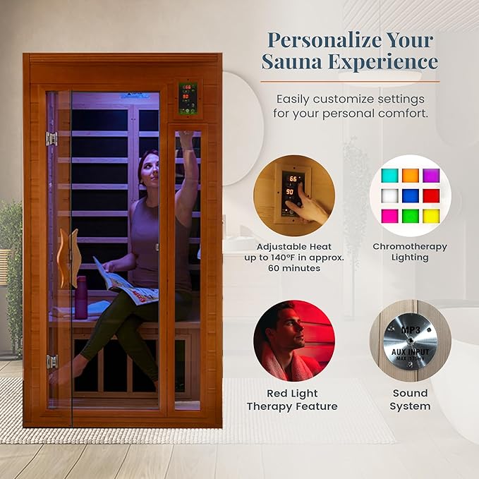 DYNAMIC SAUNAS Barcelona 1- to 2-Person Low EMF FAR Infrared Sauna with Red Light Therapy & Bluetooth Speakers | Personal Indoor Dry Heat Sauna for Home & Gym – Made from Canadian Hemlock DynamicSaunas