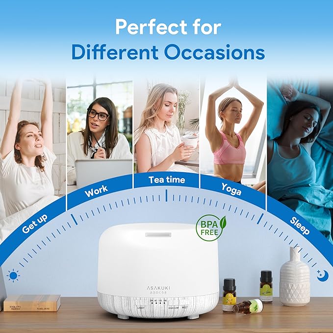 ASAKUKI Essential Oil Diffuser 500ml, Ultrasonic Aromatherapy Humidifier with Remote Control, 7 LED Colors, Timer & Auto-Off, Large Room Diffuser (White) - Bloomnest