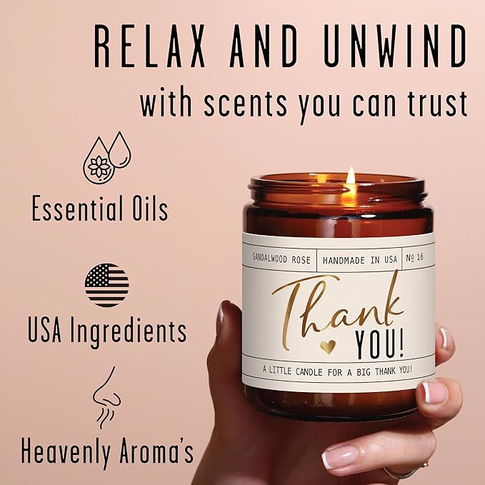 Thank You Gifts for Women - 'Thank You' Candle, w/Sandalwood Rose I Appreciation Gifts for Women I Thank You Gift for Friends, Couples, Coworkers, Boss, Teacher, Staff, Employee I 50Hr Burn, USA Made - Bloomnest