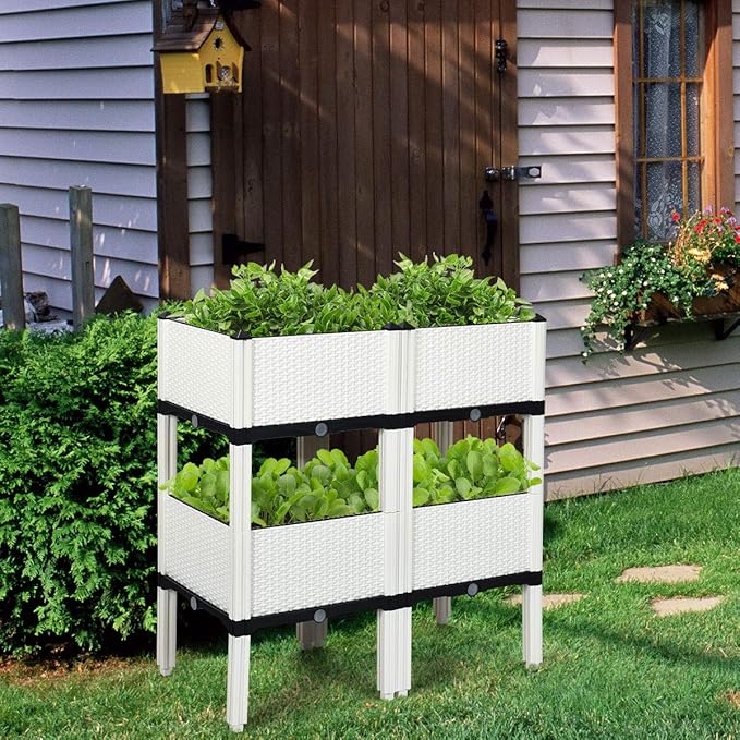 S AFSTAR Raised Garden Bed Kit Set of 4, Elevated Planter Boxes with Self-Watering Design & Removable Legs, Outdoor Plastic Planter Box for Patio Yard Balcony Gardening, Rattan Pattern (White) - Bloomnest