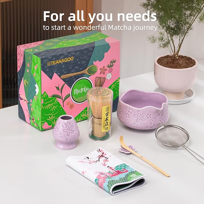 TEANAGOO 7-PCS Purple Matcha Whisk Set with Cherry Blossom Design, Complete Ceremony Kit, Ceramic Chawan Bowl with Spout, Whisk & Accessories, Traditional Matcha Tea Set for Lattes& Gift Giving - Bloomnest